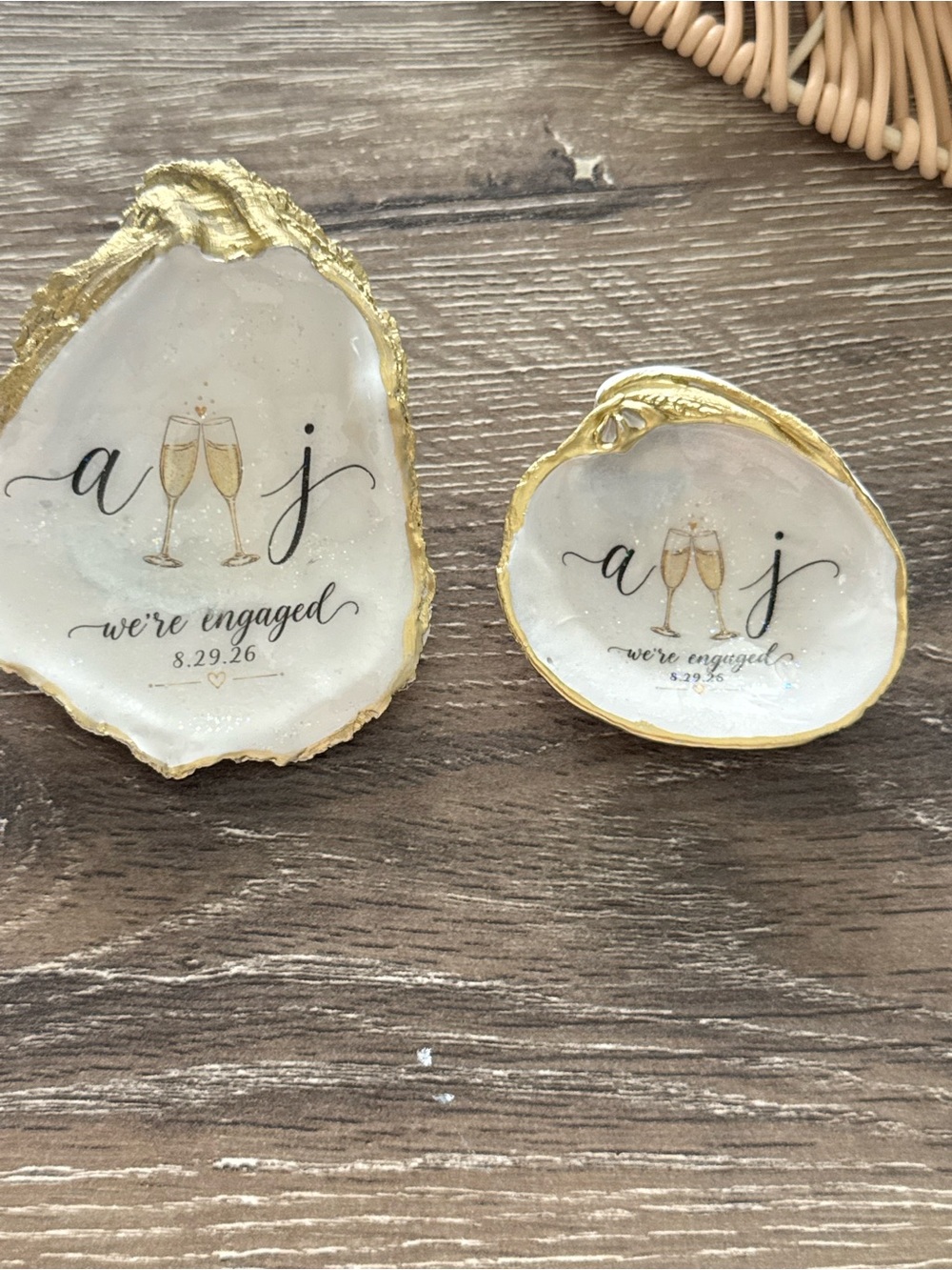 Engagement Champagne Toast Oyster Rings Dishes - White & Gold Favors or gifts